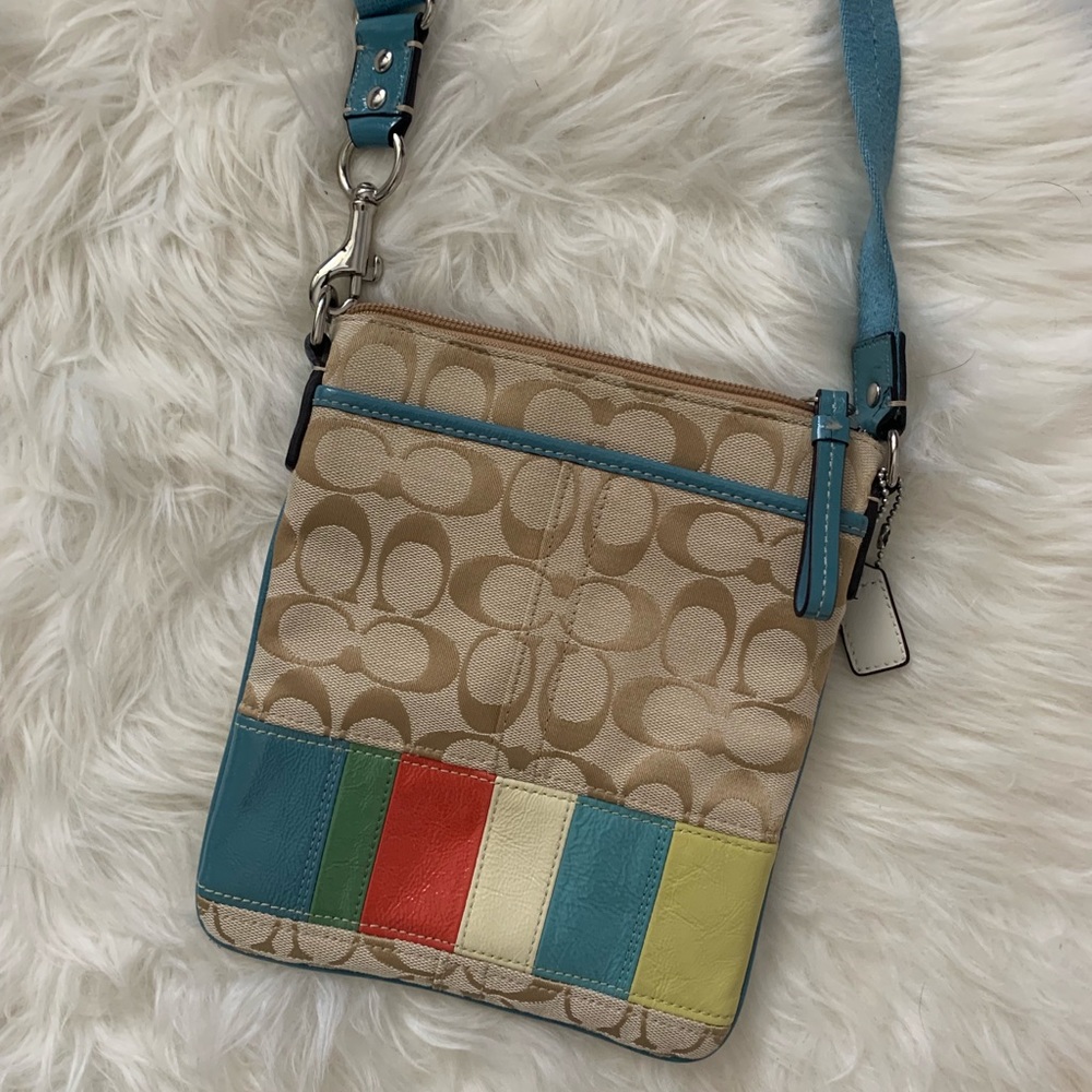 Coach Crossbody Bag, Tan and Blue with Color Block